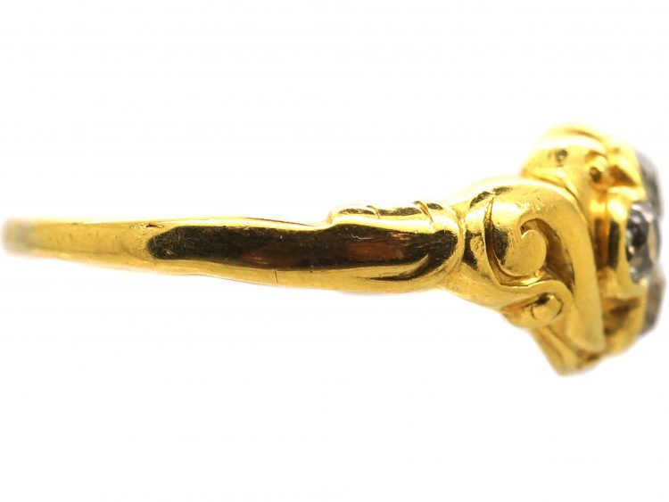 Early Victorian 18ct Gold Ornate Ring set with Four Old Mine Cut Diamonds