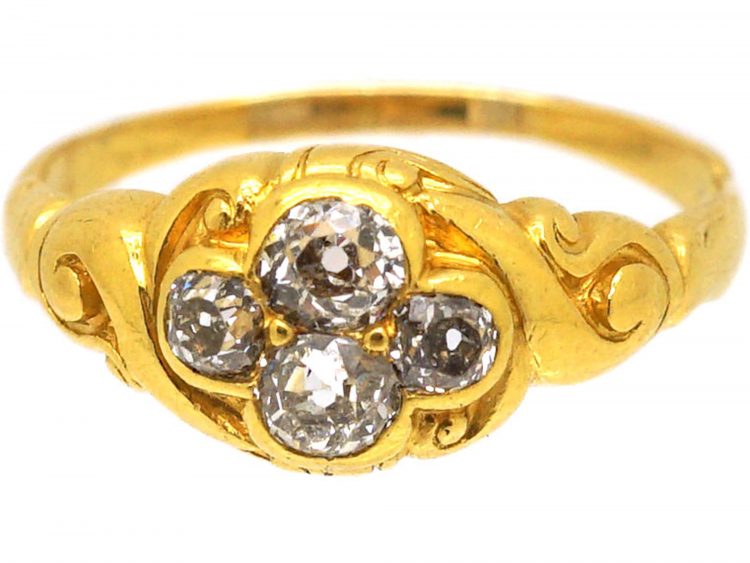 Early Victorian 18ct Gold Ornate Ring set with Four Old Mine Cut Diamonds