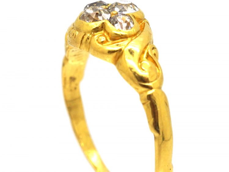Early Victorian 18ct Gold Ornate Ring set with Four Old Mine Cut Diamonds