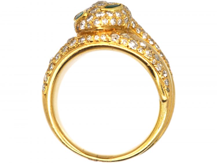 French 18ct Gold Snake Ring. set with Diamonds with Emerald Eyes