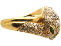 French 18ct Gold Snake Ring. set with Diamonds with Emerald Eyes