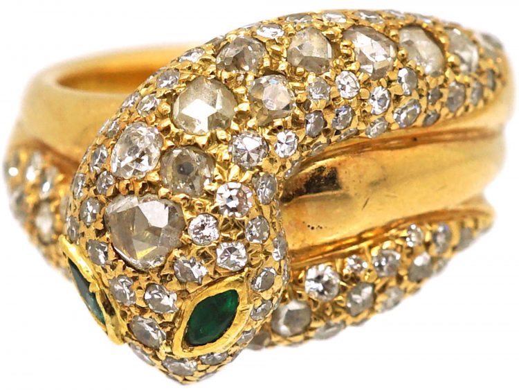 French 18ct Gold Snake Ring. set with Diamonds with Emerald Eyes