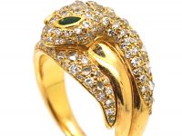 French 18ct Gold Snake Ring. set with Diamonds with Emerald Eyes