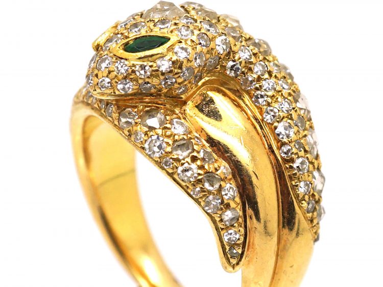 French 18ct Gold Snake Ring. set with Diamonds with Emerald Eyes
