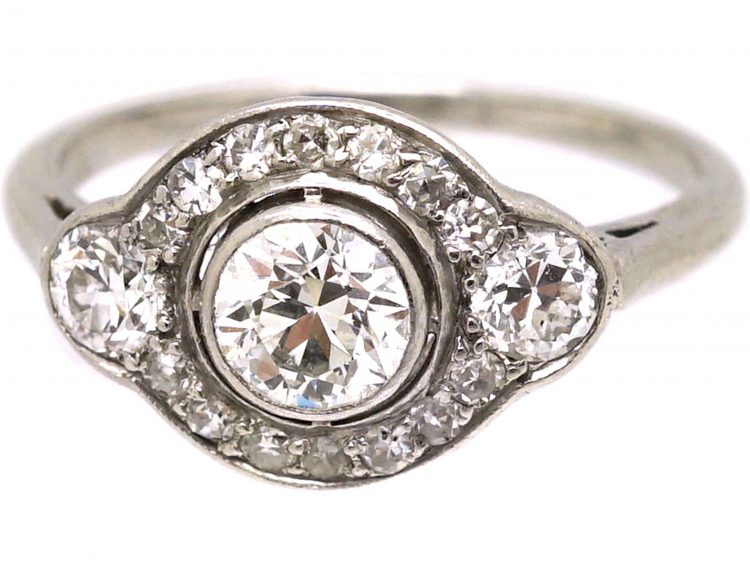 Art Deco Platinum, Three Stone Diamond Cluster Ring