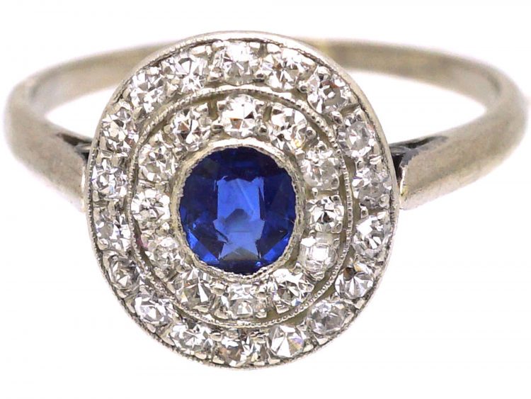 Edwardian Platinum, Sapphire & Two Row Diamond Cluster Ring