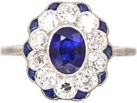 Edwardian Platinum, Sapphire & Diamond Cluster Ring with Small Sapphires around the Edge