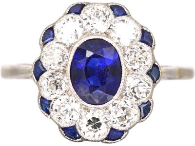 Edwardian Platinum, Sapphire & Diamond Cluster Ring with Small Sapphires around the Edge