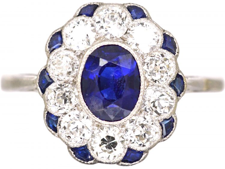 Edwardian Platinum, Sapphire & Diamond Cluster Ring with Small Sapphires around the Edge