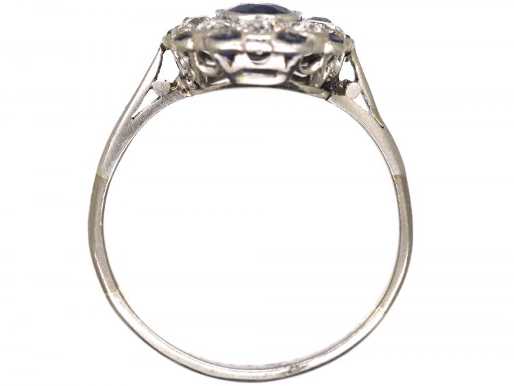Edwardian Platinum, Sapphire & Diamond Cluster Ring with Small Sapphires around the Edge