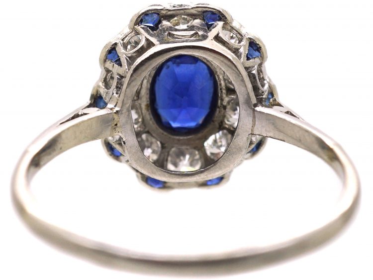 Edwardian Platinum, Sapphire & Diamond Cluster Ring with Small Sapphires around the Edge
