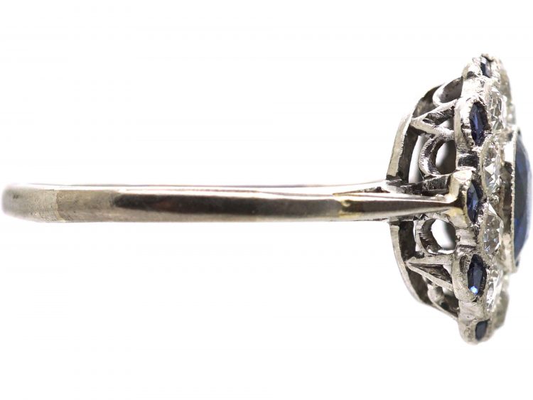 Edwardian Platinum, Sapphire & Diamond Cluster Ring with Small Sapphires around the Edge