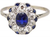 Edwardian Platinum, Sapphire & Diamond Cluster Ring with Small Sapphires around the Edge