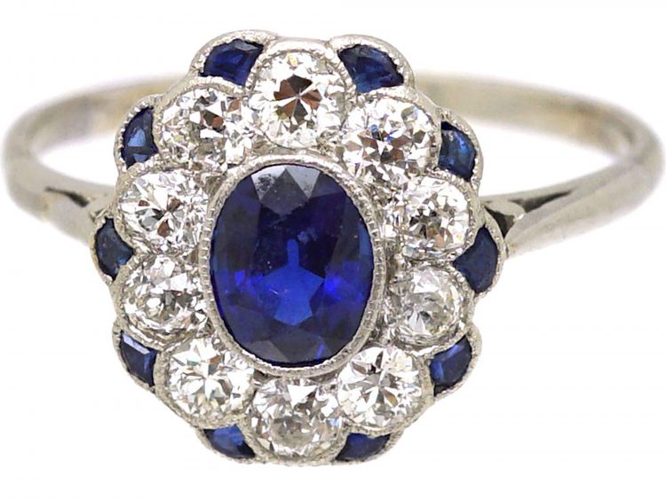 Edwardian Platinum, Sapphire & Diamond Cluster Ring with Small Sapphires around the Edge