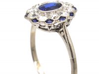 Edwardian Platinum, Sapphire & Diamond Cluster Ring with Small Sapphires around the Edge