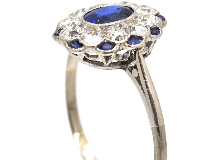 Edwardian Platinum, Sapphire & Diamond Cluster Ring with Small Sapphires around the Edge