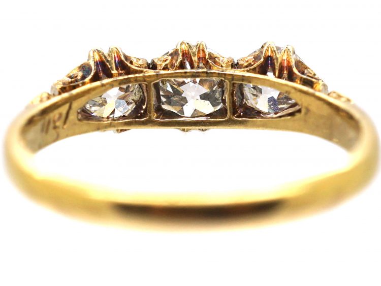 Edwardian 18ct Gold Three Stone Diamond Carved Half Hoop Ring