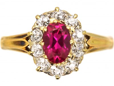 Victorian 18ct Gold, Ruby & Diamond Oval Cluster Ring