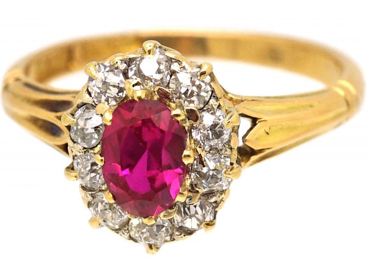 Victorian 18ct Gold, Ruby & Diamond Oval Cluster Ring