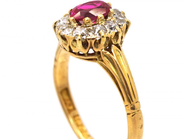 Victorian 18ct Gold, Ruby & Diamond Oval Cluster Ring
