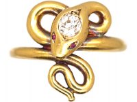 Edwardian 18ct Gold Snake Ring set with a Diamond & Cabochon Ruby Eyes