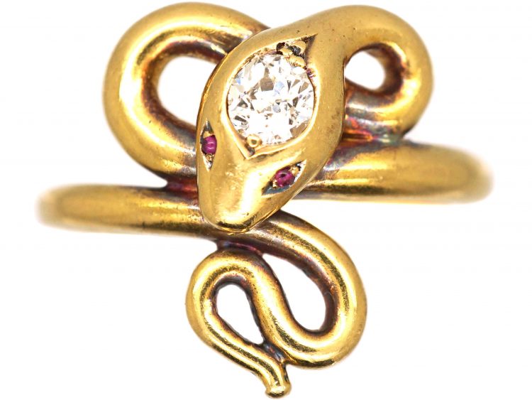Edwardian 18ct Gold Snake Ring set with a Diamond & Cabochon Ruby Eyes