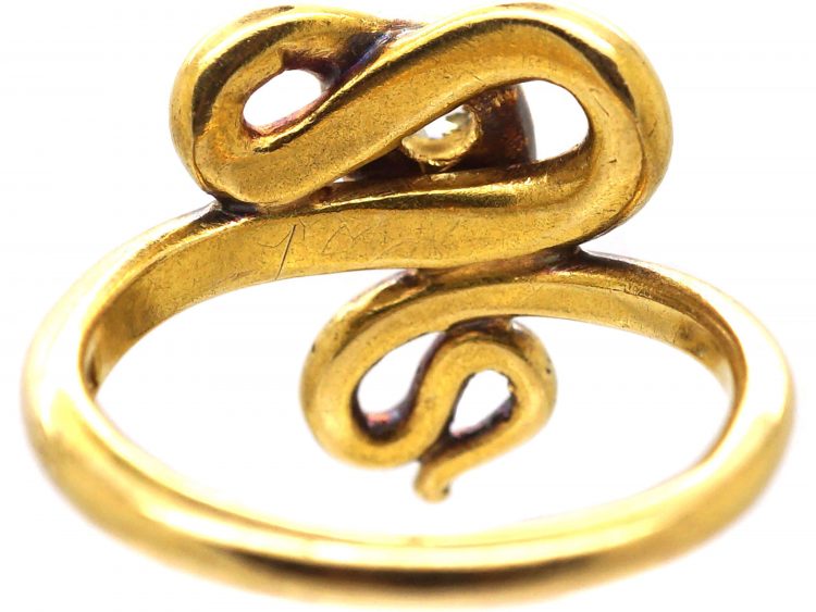 Edwardian 18ct Gold Snake Ring set with a Diamond & Cabochon Ruby Eyes