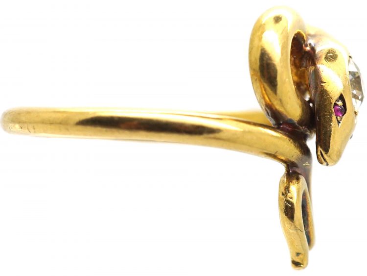 Edwardian 18ct Gold Snake Ring set with a Diamond & Cabochon Ruby Eyes