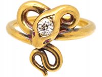 Edwardian 18ct Gold Snake Ring set with a Diamond & Cabochon Ruby Eyes