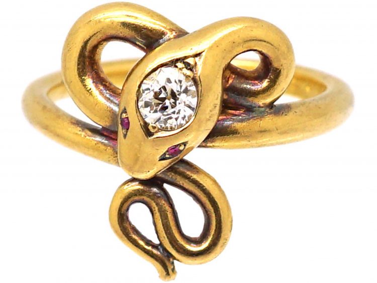 Edwardian 18ct Gold Snake Ring set with a Diamond & Cabochon Ruby Eyes