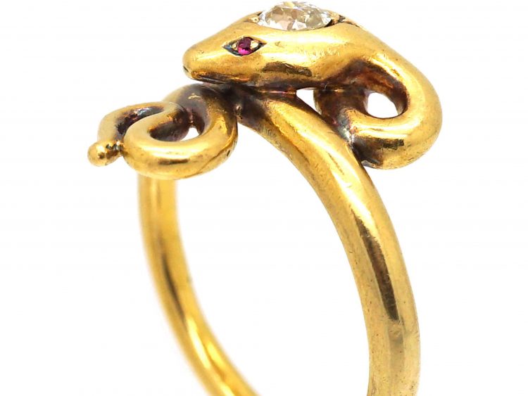 Edwardian 18ct Gold Snake Ring set with a Diamond & Cabochon Ruby Eyes
