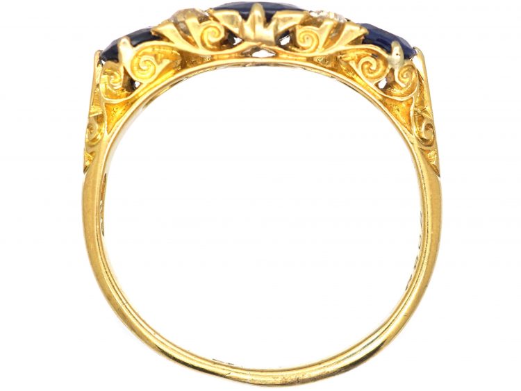 Victorian 18ct Gold Three Stone Sapphire & Diamond Carved Half Hoop Ring
