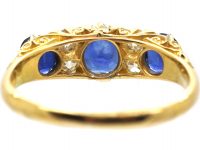 Victorian 18ct Gold Three Stone Sapphire & Diamond Carved Half Hoop Ring