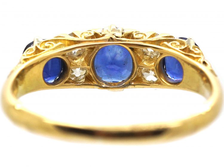 Victorian 18ct Gold Three Stone Sapphire & Diamond Carved Half Hoop Ring