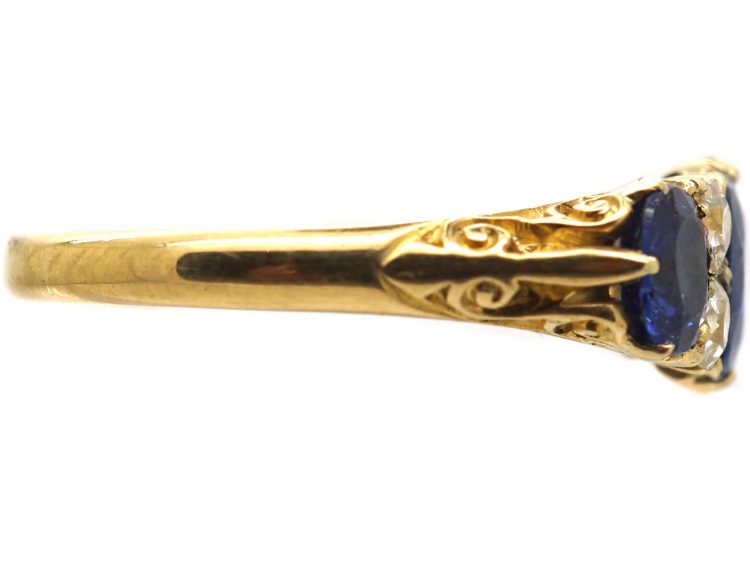 Victorian 18ct Gold Three Stone Sapphire & Diamond Carved Half Hoop Ring