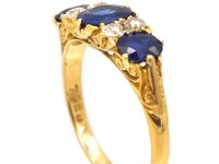 Victorian 18ct Gold Three Stone Sapphire & Diamond Carved Half Hoop Ring