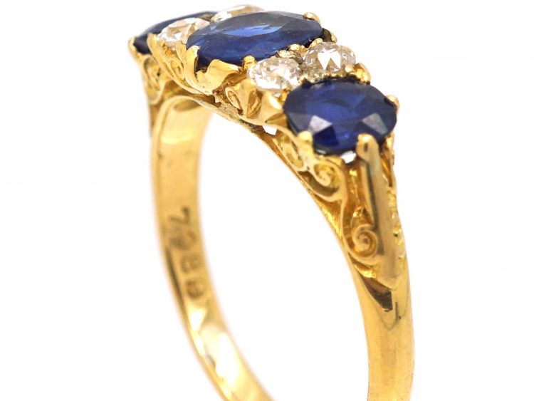 Victorian 18ct Gold Three Stone Sapphire & Diamond Carved Half Hoop Ring