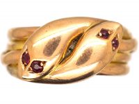 Edwardian 9ct Gold Double Snake Ring with Garnet Eyes