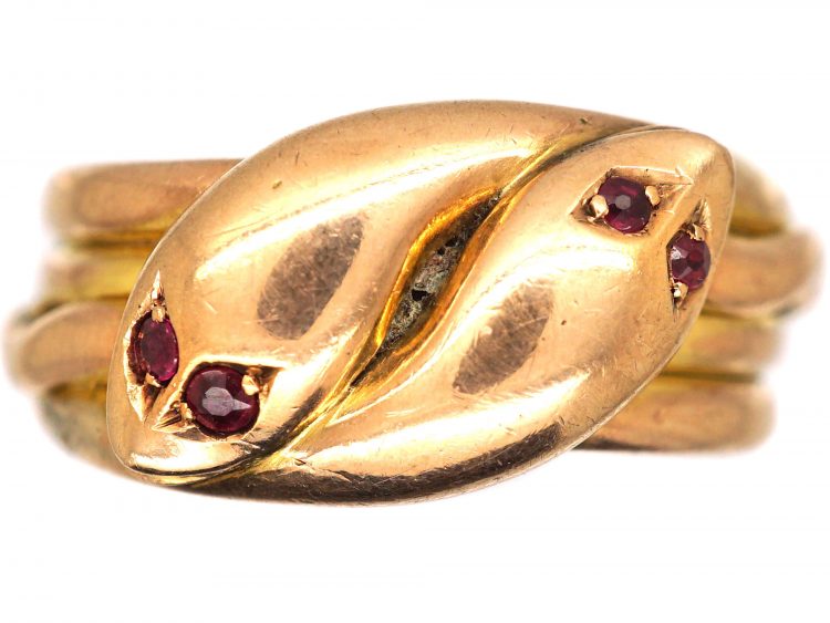 Edwardian 9ct Gold Double Snake Ring with Garnet Eyes