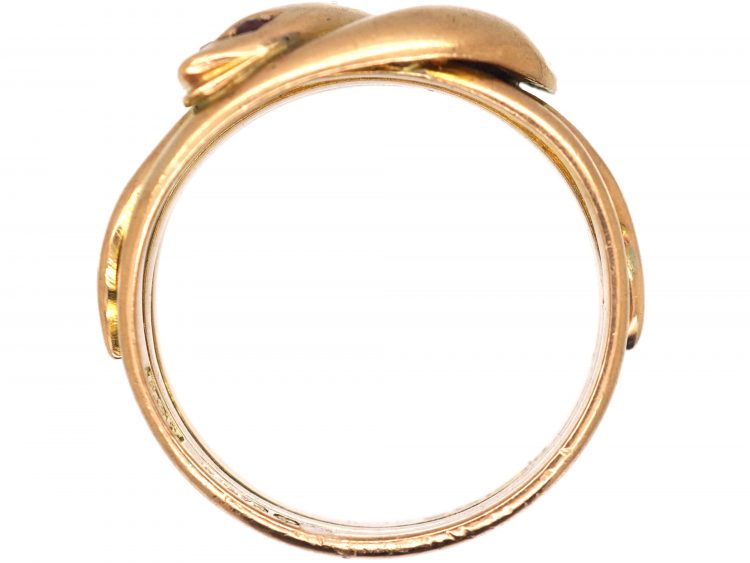 Edwardian 9ct Gold Double Snake Ring with Garnet Eyes