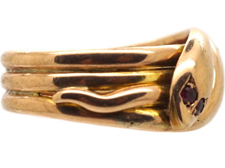 Edwardian 9ct Gold Double Snake Ring with Garnet Eyes