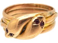 Edwardian 9ct Gold Double Snake Ring with Garnet Eyes