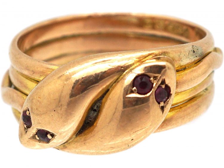 Edwardian 9ct Gold Double Snake Ring with Garnet Eyes