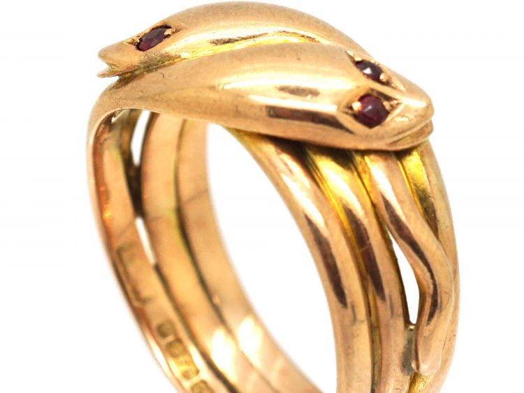 Edwardian 9ct Gold Double Snake Ring with Garnet Eyes