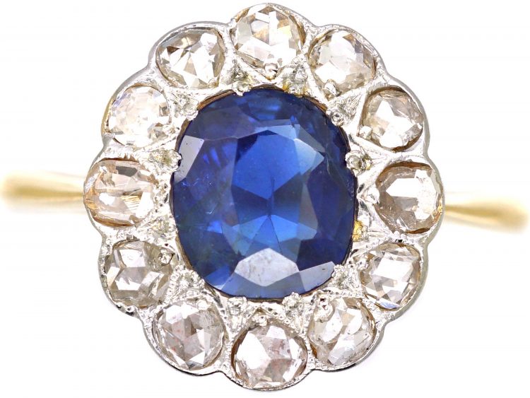 Early 20th Century 18ct Gold Sapphire & Rose Diamond Cluster Ring