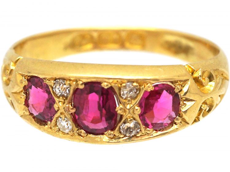 Edwardian 18ct Gold Three Stone Ruby & Diamond Ring