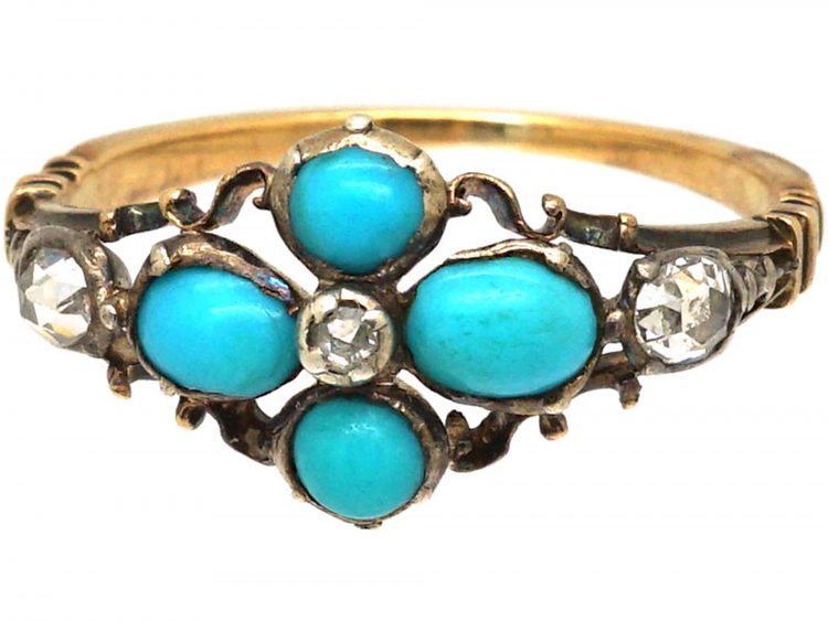 Georgian 15ct Gold & Silver Turquoise & Diamond Forget Me Not Ring