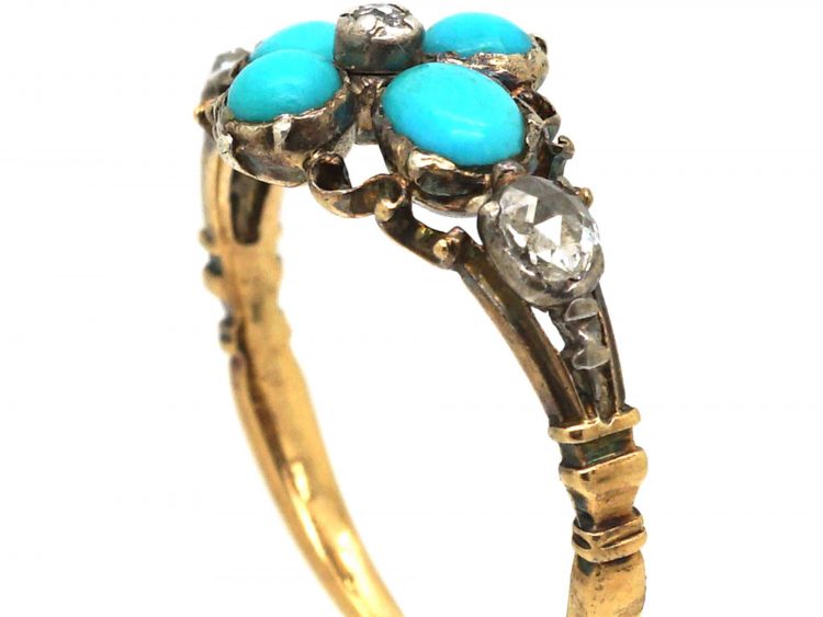 Georgian 15ct Gold & Silver Turquoise & Diamond Forget Me Not Ring