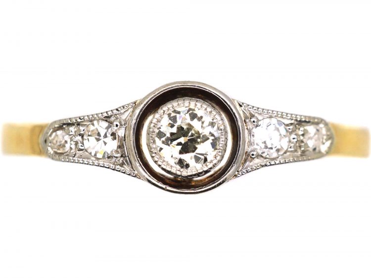 Art Deco 18ct Gold & Platinum Diamond Solitaire Ring with Diamond set Shoulders