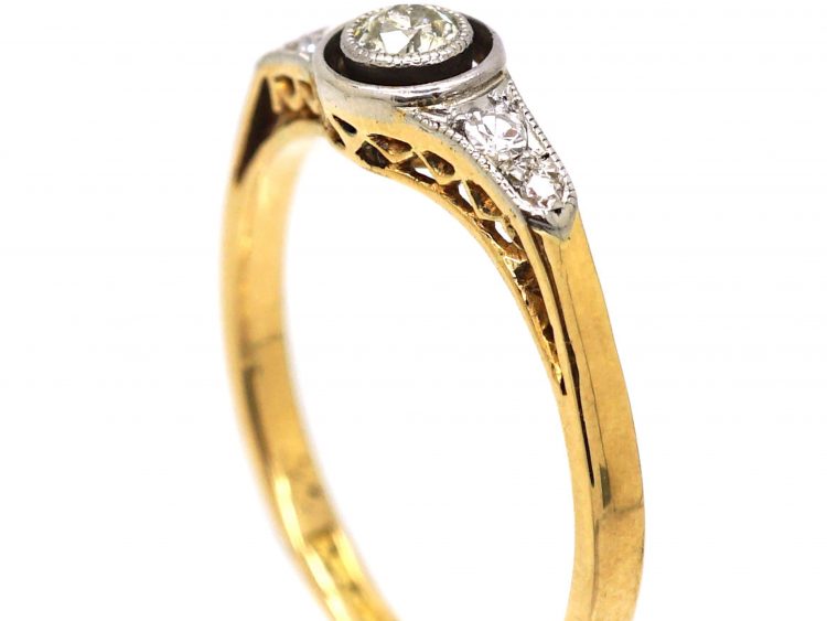 Art Deco 18ct Gold & Platinum Diamond Solitaire Ring with Diamond set Shoulders